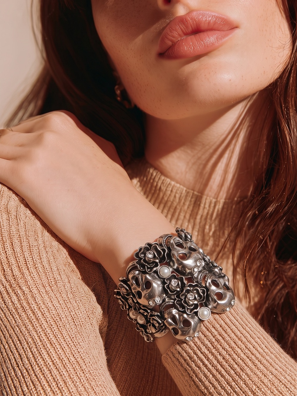 Silver tone Floral Skull Cuff Bracelet - Women Jewelry